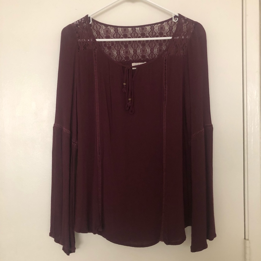 Dark purple lace back blouse with bell sleeves